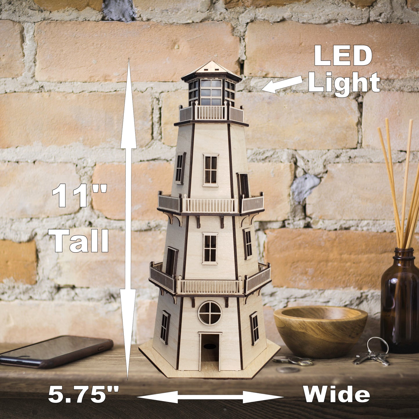 Dollhouse Lighthouse (11") w/LED Beacon Light - 2 Removable Wall Panels