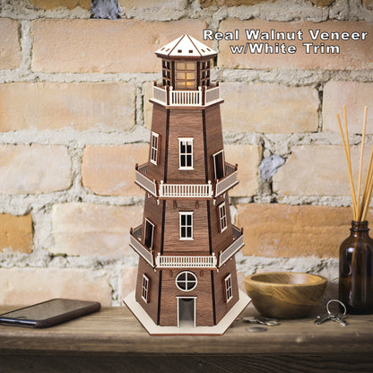 Walnut Veneer Premium Finish Lighthouse (11") w/White Trim & LED Light