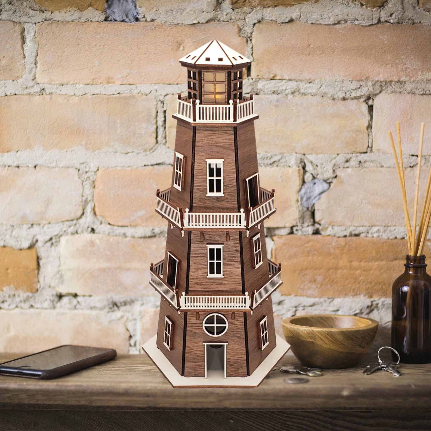 Walnut Veneer Premium Finish Lighthouse (11") w/White Trim & LED Light