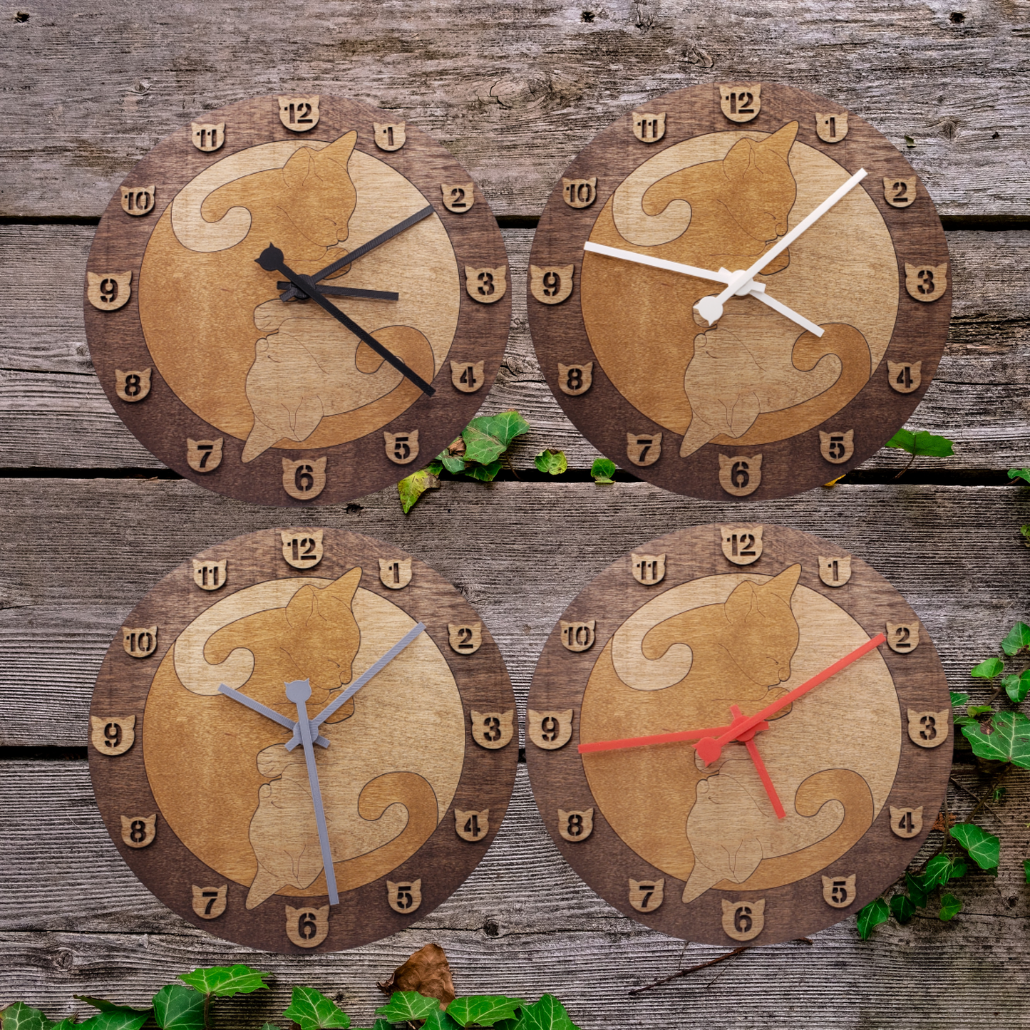 Cat Wall Clock - Dark Brown/Brown/Light Brown