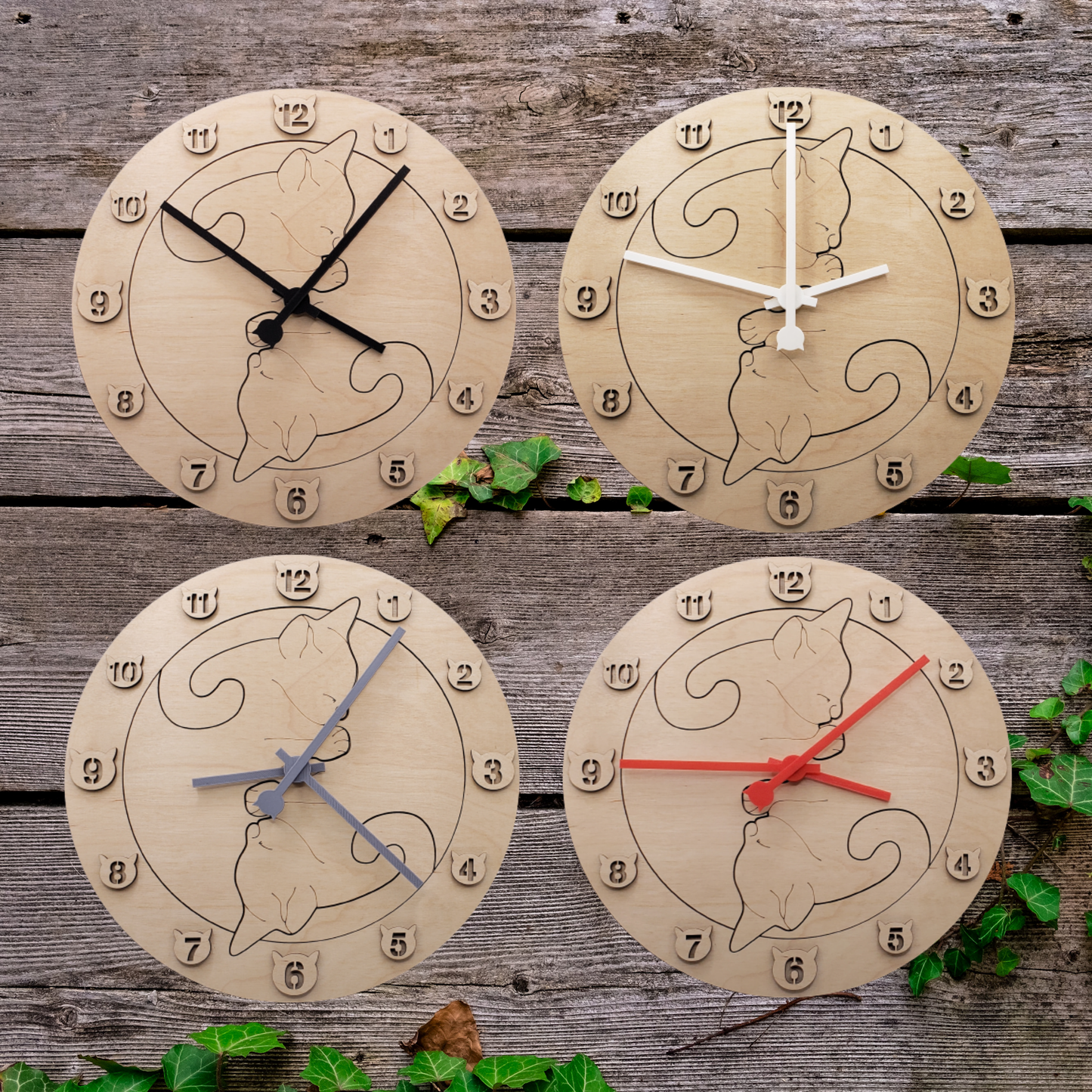 Cat Wall Clock - Natural Wood