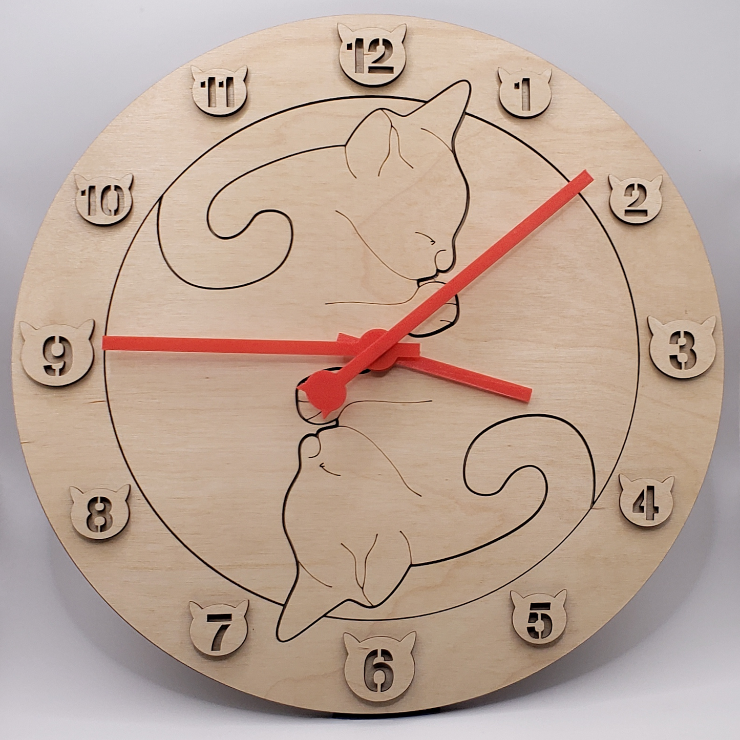 Cat Wall Clock - Natural Wood